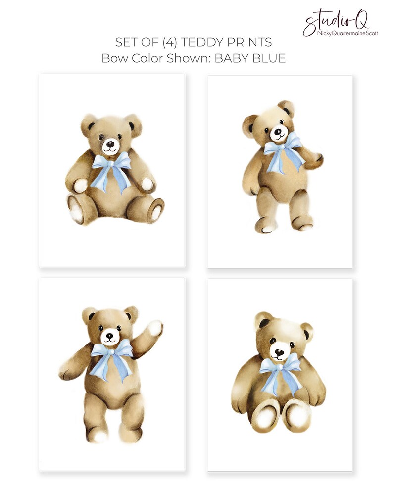 May include: Set of four watercolor prints featuring a brown teddy bear with a blue bow. The prints are perfect for a nursery or child's room.