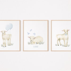 Baby Lamb Watercolor Nursery Prints: Custom Name, Farmhouse Decor, Set of 3