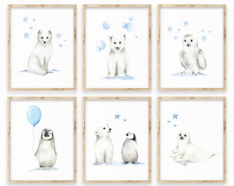 Arctic Nursery Art, Set of 6 Nursery Prints, Penguin and Polar Bear Art, Minimal Nursery Decor, Winter Nursery Prints, Baby Penguin Nursery,