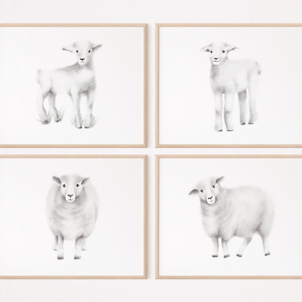 Lamb Nursery Art Prints: Farm Animal Pencil Drawings, Set of 4