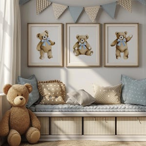 Teddy Bear Nursery Art Prints: Watercolor Teddies with Bows, Set of 3