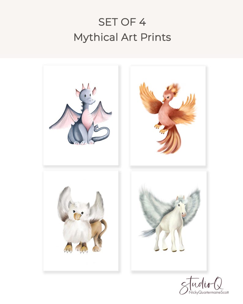 Mythische Baby Animal Prints: Fantasie Kinderzimmer Wand Dekoration (4er Set) Bild 4