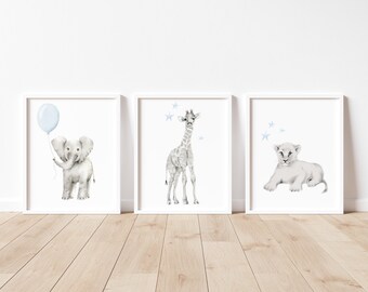 Safari Animal Nursery Art Prints: Elephant, Giraffe, Lion Set