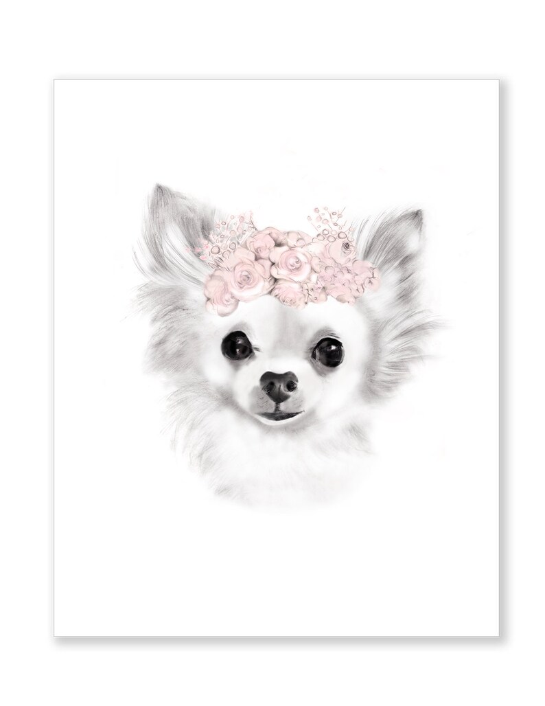 Urns Memorials Chihuahua Puppy Flower Crown Print White Long Haired Chihauhau Girls Room Puppy Art Dog Face Drawing Puppy Nursery Dog Floral Crown Pet Portraits