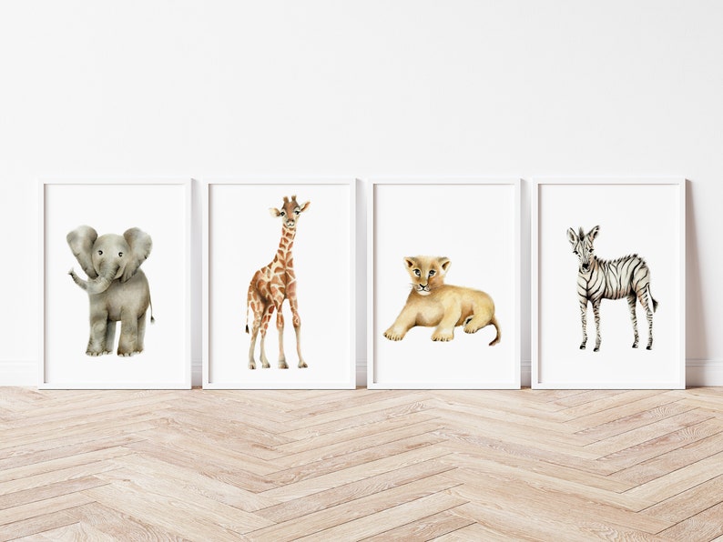 Baby Safari Animal Prints, Set of 4 Jungle Nursery Decor, Elephant Nursery, Gender Neutral Baby, Baby Animal Wall Decor, Grandson Gift, image 2