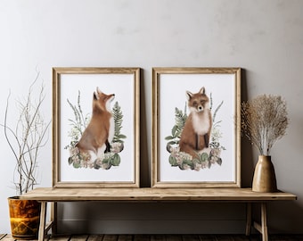 Set of 2 Fox Prints, Foxes in Wildflower Illustrations, Fox Wall Decor, Cottagecore Wall Art Prints, Animal Lover Art, Cottagecore Art Gift