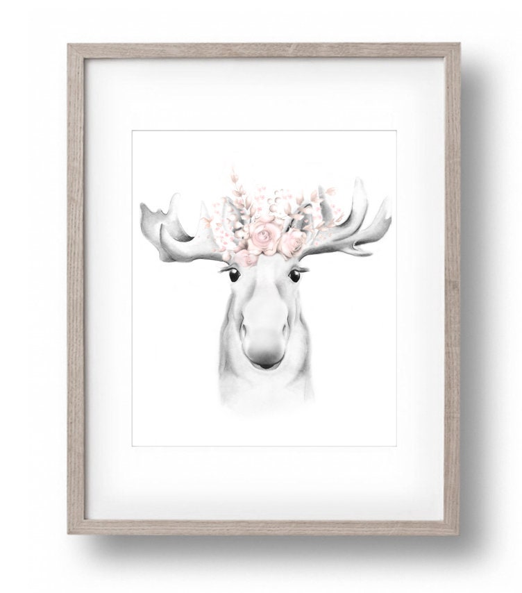 Moose Flower Crown Print Woodland Nursery Art Print Moose | Etsy