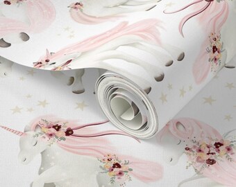 Unicorns Flowers Stars Wallpaper: Pink Girls Room Wall Decor