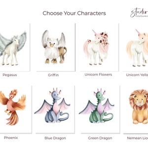 K&ouml;nnte beinhalten: Ein Set mit zehn Aquarell-Illustrationen von Fabelwesen, darunter ein Pegasus, ein Greif, ein Einhorn mit Blumen, ein Einhorn mit gelber M&auml;hne, ein Ph&ouml;nix, ein blauer Drache, ein gr&uuml;ner Drache und ein L&ouml;we. Die Illustrationen sind auf wei&szlig;em Hintergrund.