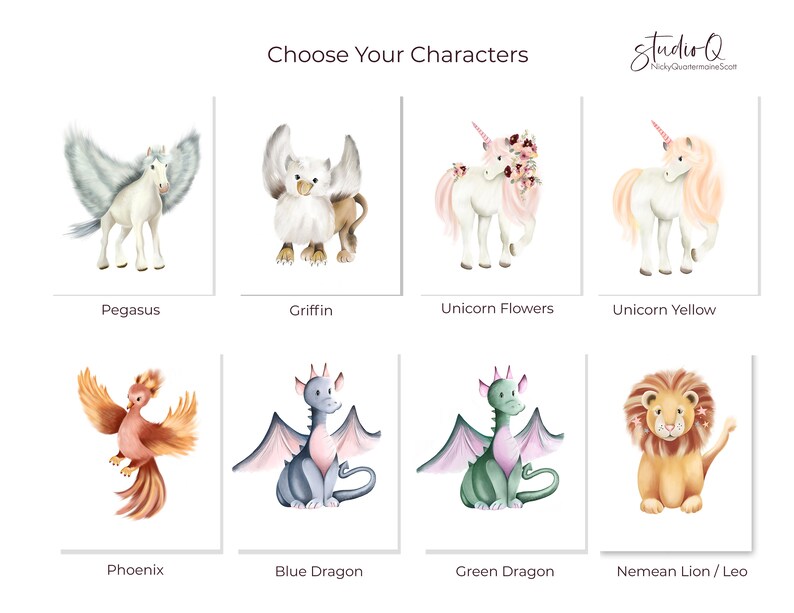 K&ouml;nnte beinhalten: Ein Set mit zehn Aquarell-Illustrationen von Fabelwesen, darunter ein Pegasus, ein Greif, ein Einhorn mit Blumen, ein Einhorn mit gelber M&auml;hne, ein Ph&ouml;nix, ein blauer Drache, ein gr&uuml;ner Drache und ein L&ouml;we. Die Illustrationen sind auf wei&szlig;em Hintergrund.