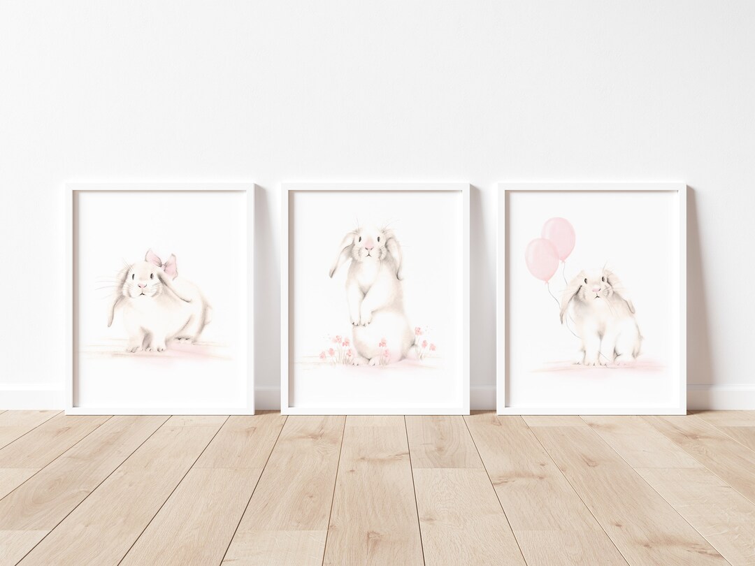 Blush Pink Bunny Nursery Prints: Farmhouse Baby Girl Wall Decor, Set of ...