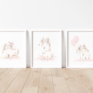 Blush Pink Bunny Nursery Prints: Farmhouse Baby Girl Wall Decor, Set of 3