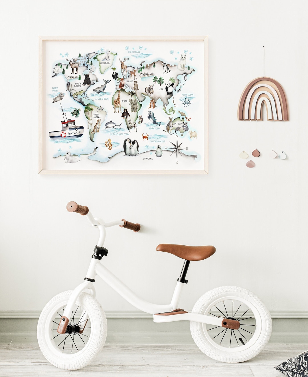 Personalized Kids World Map Print: Watercolor Animal Nursery Decor ...