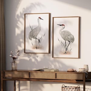 Láminas artísticas de grulla canadiense: decoración de aves costeras blancas, juego de 2