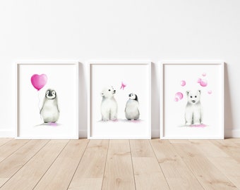 Penguin Nursery Art, Polar Bear Wall Decor, Arctic Animals, Scandi Nursery, Baby Girl Art, Baby Wall Decor, Heart Balloon Print, Snow Animal