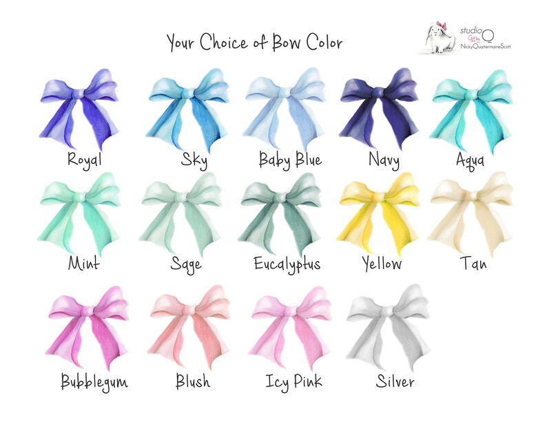 May include: A chart showing 14 different bow colors for a personalized gift. The colors are: Royal, Sky, Baby Blue, Navy, Aqua, Mint, Sage, Eucalyptus, Yellow, Tan, Bubblegum, Blush, Icy Pink, and Silver.