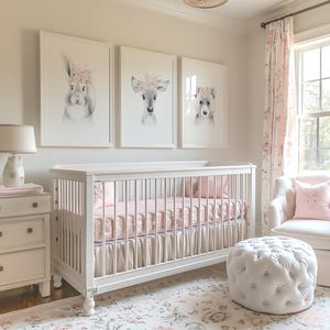 Woodland Nursery Prints: Baby Animal Blush Pink Flower Crowns (Set of 3)