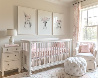 Woodland Nursery Prints: Baby Animal Blush Pink Flower Crowns (Set of 3)