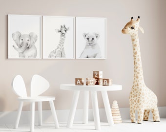 Baby Animal Art Prints, Safari Sketch Prints, Animal Face Prints, Elephant Nursery, Grey Nursery Prints, Baby Room Wall Decor, Giraffe