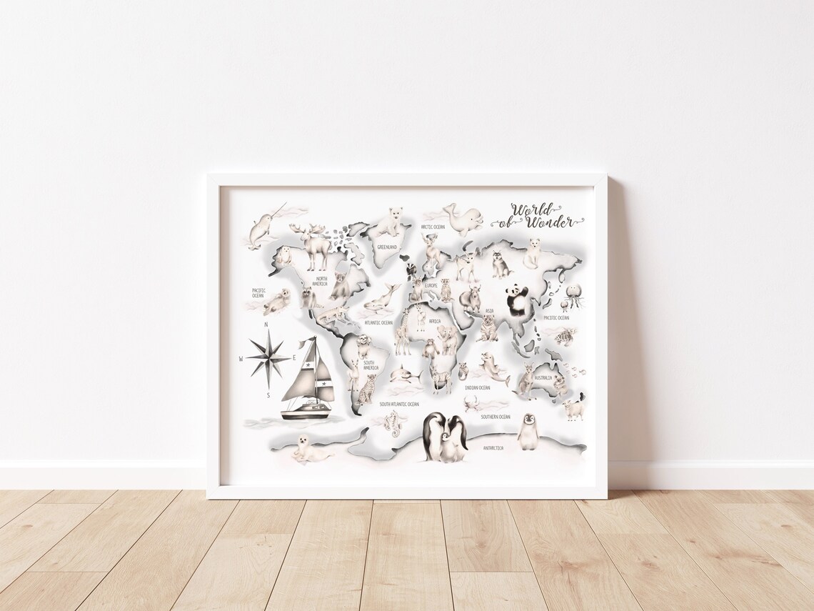 World Map for Kids Map Nursery Decor Illustrated Map Art Etsy