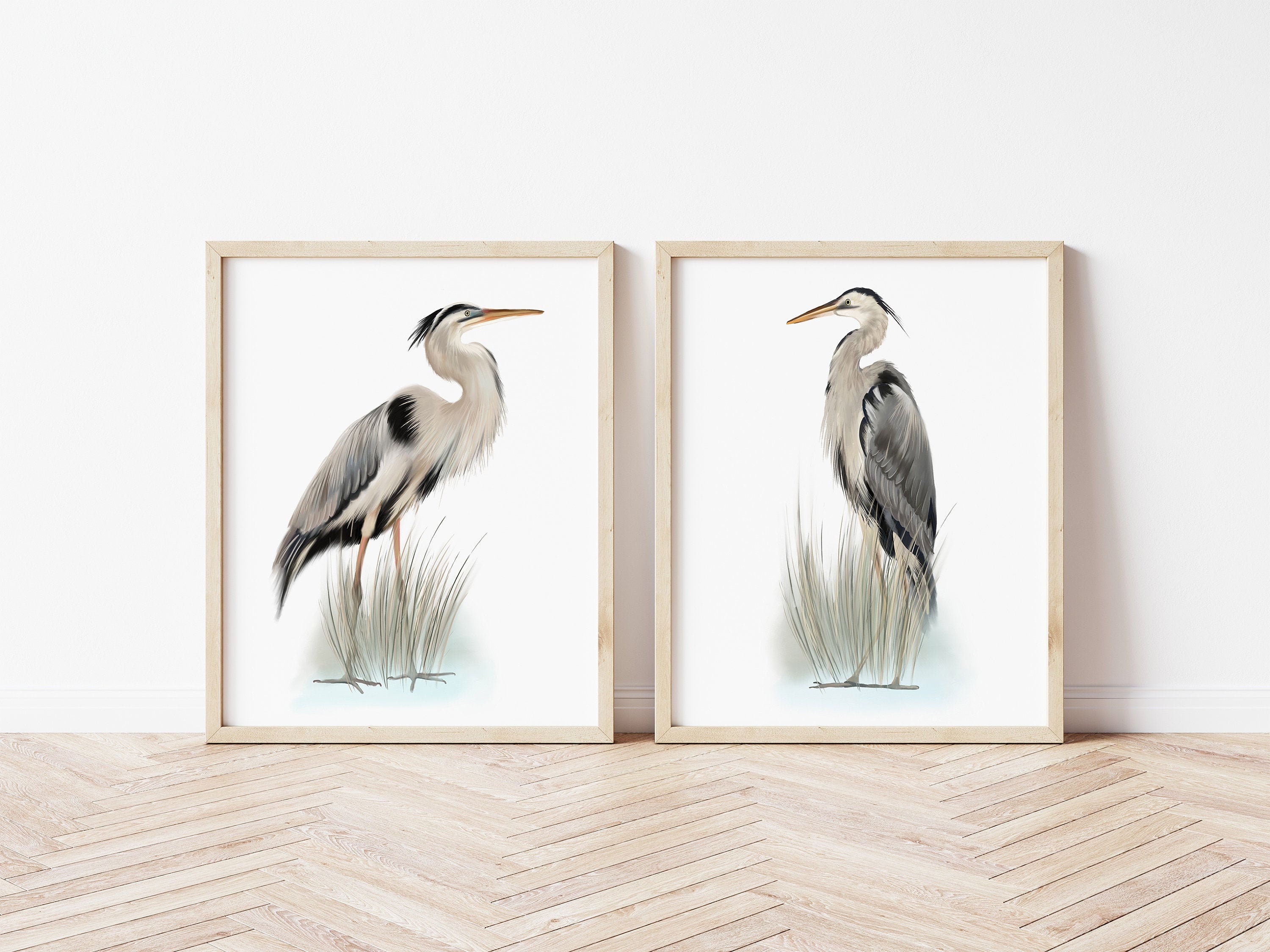 Heron Bird Art Prints Set Of 2 Great Blue Herons Coastal Etsy 日本