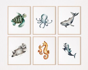 Ocean Nursery Prints, Baby Sea Animal Prints, Mix and Match Ocean Nursery Art, Octopus Nursery, Baby Dolphin Art, Nautical Nursery, Turtle
