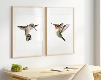 Set of 2 Hummingbird Art Prints, Male and Female Flying Hummingbirds, Tropical Bird Wall Decor, Wildlife Artwork, Gift for Bird Lover,