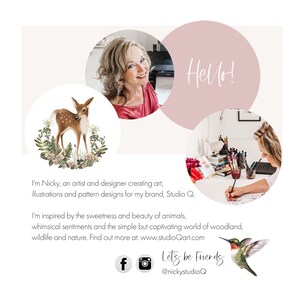 K&ouml;nnte beinhalten: Eine rosa und wei&szlig;e Illustration eines Rehs mit braunen Flecken, umgeben von Blumen und Gr&uuml;n. Der Text "Hello!" ist in Wei&szlig; auf einem rosa Kreis geschrieben. Der Text "I'm Nicky, an artist and designer creating art, illustrations and pattern designs for my brand, Studio Q. I'm inspired by the sweetness and beauty of animals, whimsical sentiments and the simple but captivating world of woodland, wildlife and nature. Find out more at: www.studioQart.com" ist in Schwarz geschrieben. Der Text "Let's be Friends @nickystudioQ" ist in Schwarz auf wei&szlig;em Hintergrund geschrieben. Ein Social-Media-Symbol f&uuml;r Facebook und Instagram ist enthalten.