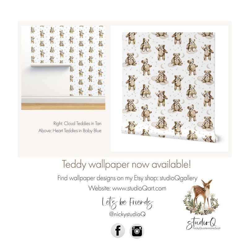 May include: Two wallpaper designs featuring teddy bears. The design on the left has tan teddy bears with blue hearts and the design on the right has brown teddy bears with white clouds and stars. The text "Teddy wallpaper now available!" is at the bottom of the image.