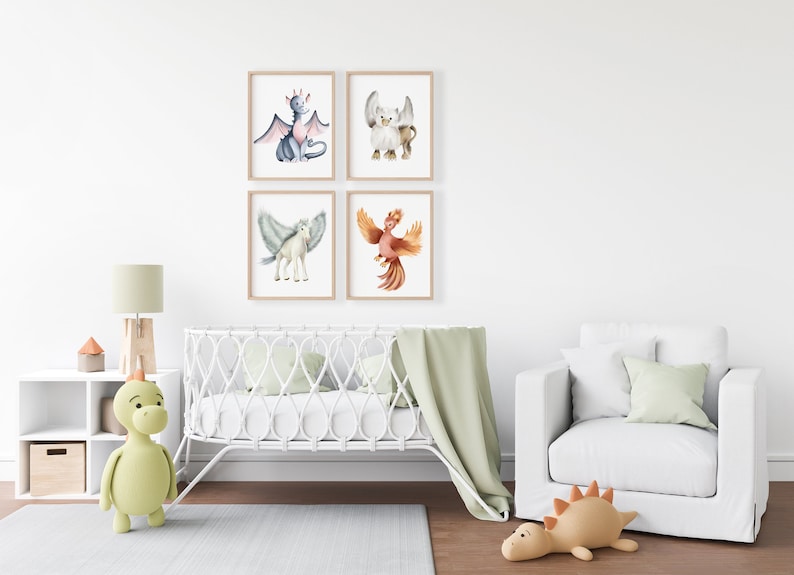 Set of 4 painted mythological animals in different colors on plain white backgrounds hanging on a wall in frames. One print has a blue and pink dragon, the next print has a griffin, the next print is a pegasus and the final print is a phoenix.