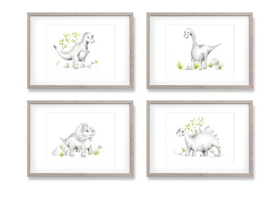 Dinosaur Nursery Art, Set of 4 Prints, Diplodocus, T Rex, Triceratops, Stegasaurus, Pencil Drawing, Sketches, Gender Neutral Baby, Boy