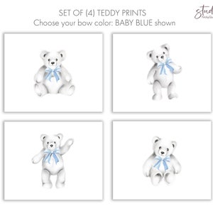May include: Set of four printable illustrations of white teddy bears with blue bows. The bears are in different poses, including sitting, standing, and waving.