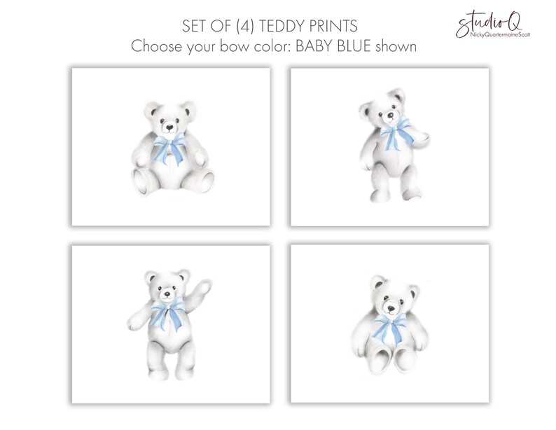 May include: Set of four printable illustrations of white teddy bears with blue bows. The bears are in different poses, including sitting, standing, and waving.