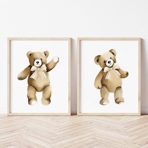 Teddy Bear Prints, Teddy Nursery Wall Decor, Set of 2 Bear Prints, Gender Neutral Baby Art, Teddies with Bow Prints, Neutral Nursery Prints