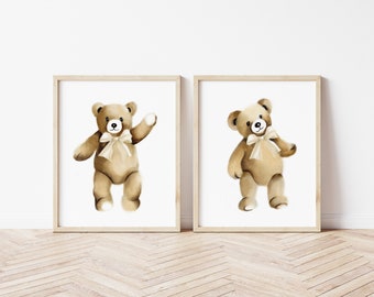 Watercolor Teddy Bear Nursery Prints: Neutral Baby Wall Art, Set of 2