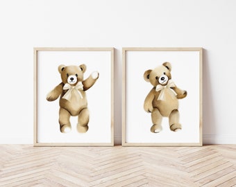 Teddybär-Drucke, Teddy-Kinderzimmer-Wanddekoration, Set mit 2 Bären-Drucken, geschlechtsneutrale Babykunst, Teddys mit Schleife-Drucke, neutrale Kinderzimmer-Drucke