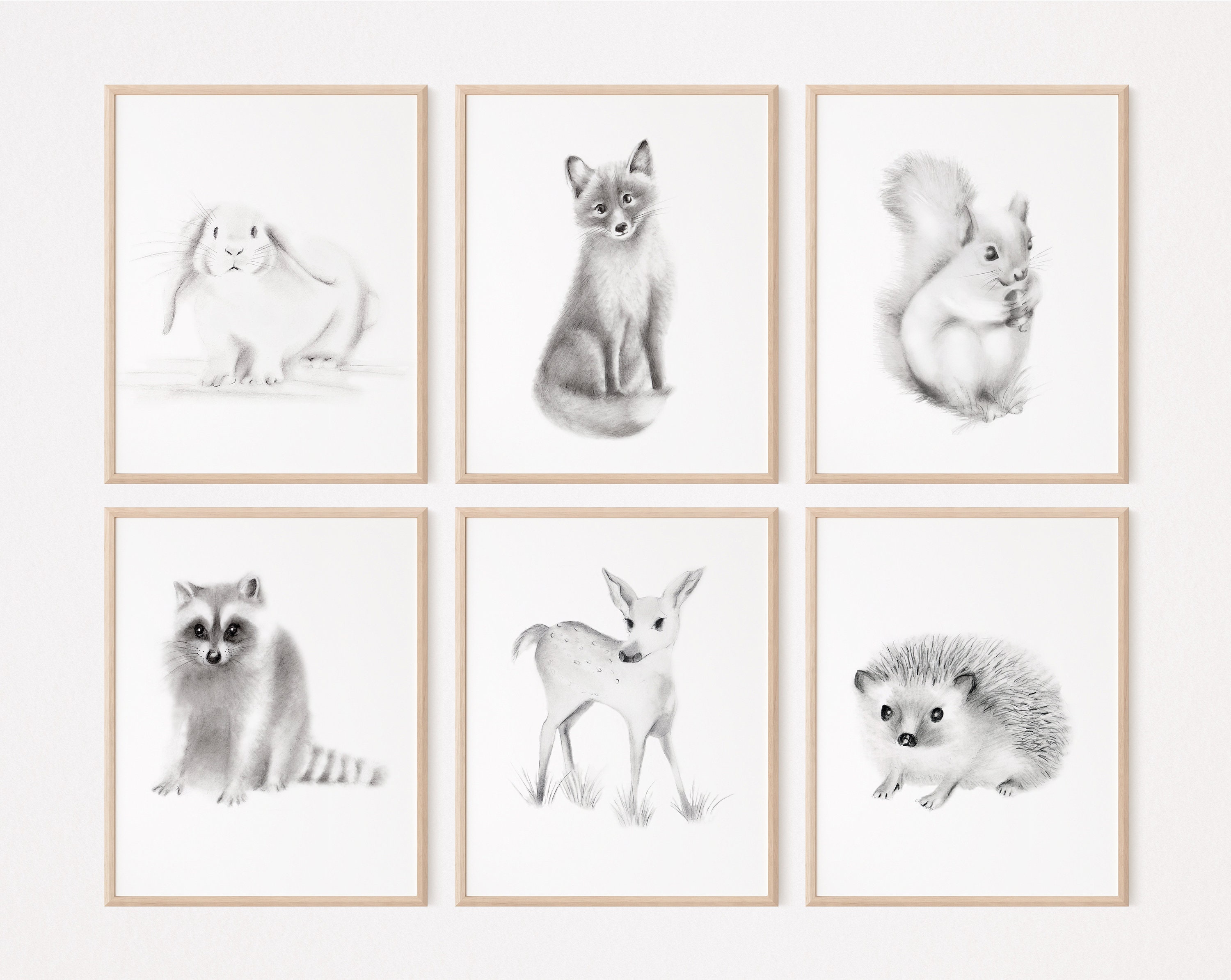 Woodland Nursery Prints: Baby Animal Pencil Drawings, Set of 6