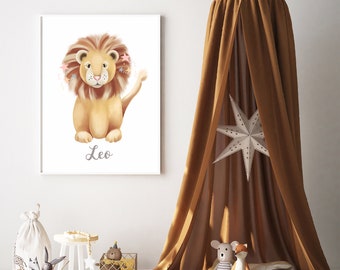 Lion Nursery Art Print, Leo Lion Kids Art, Baby Custom Name Print, Mythical Nemean Lion Print, Greek Mythology Art, Gift for Leo Boy,