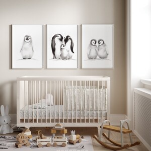 Penguin Nursery Prints, Penguin Family Sketch, Gender Neutral Baby Decor, Baby Wall Art, Kids Prints, Mama Baby Penguin, Grey Nursery Decor