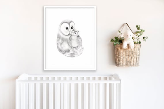 Owl Nursery Art Print, Mom and Baby Owl Sketch, Farmhouse Nursery Decor,  Grey Owl Drawing, Grey Baby Animal Sketch, Woodland Nursery Owl 