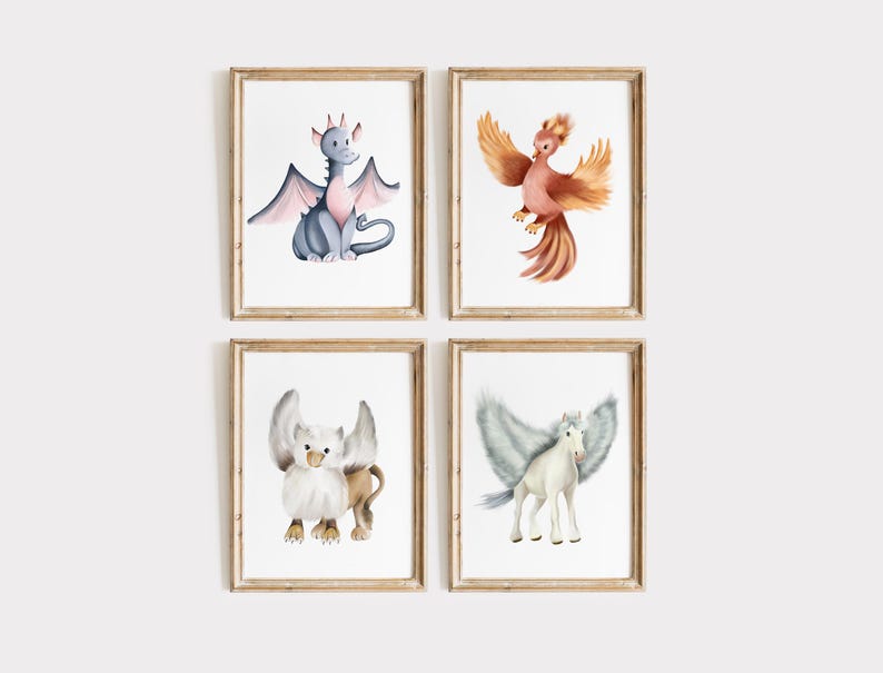 Mythische Baby Animal Prints: Fantasie Kinderzimmer Wand Dekoration (4er Set) Bild 2
