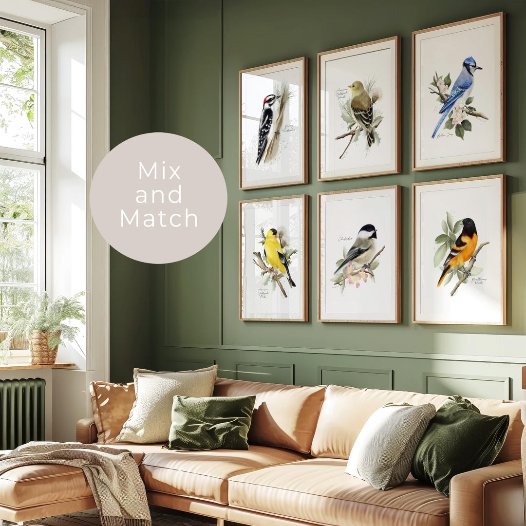 Backyard Birds Art Prints: Set of 6 Midwest Garden Birds & Flowers