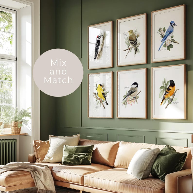 Set of 6 garden bird illustrations shown in frames hanging on a green wall above a sofa. The set includes a downy woodpecker, female cardinal, blue tit, yellow goldfinch, chickadee and a Baltimore Oriole. The birds are shown with branches and leaves on plain white backgrounds.