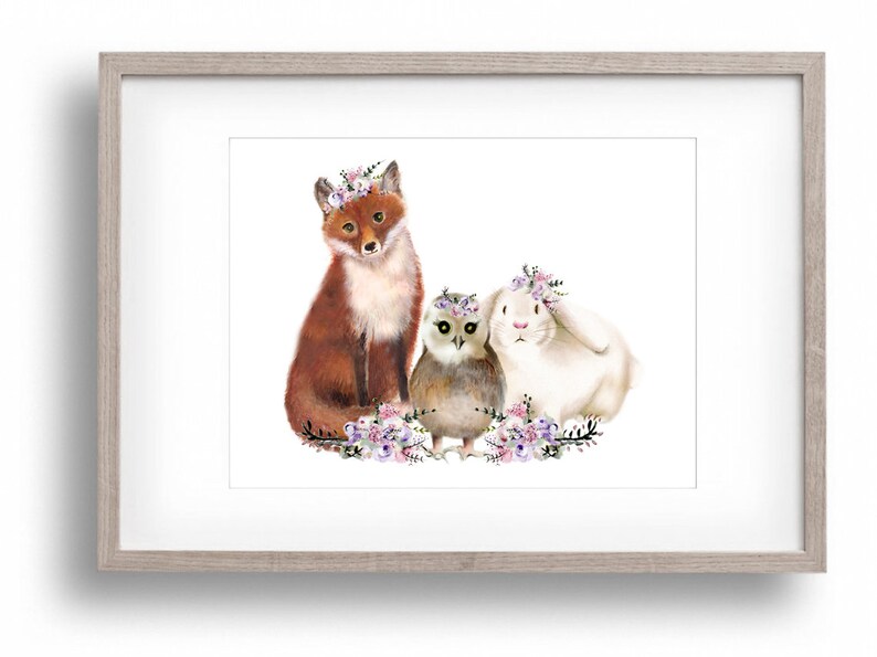 Woodland Animal Print Baby Animal Art Flower Crowns Fox Etsy Spring woodland animals