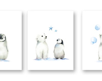 CANVAS Nursery Prints, Arctic Animal, Set of 3, Blue and Grey Nursery, Penguin, Polar Bear, Gender Neutral Baby, Nursery Wall Deco