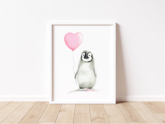 Penguin Nursery Art: Personalized Baby Print with Heart Balloon