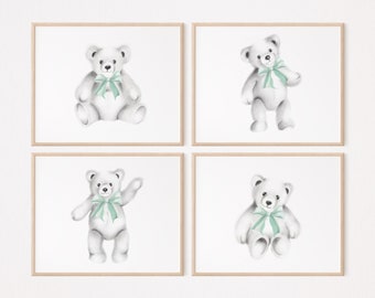Teddy Bear Prints Set: Bow Pencil Drawings, Nursery Art
