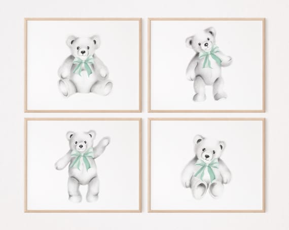 Teddy Bear Prints Set: Bow Pencil Drawings, Nursery Art