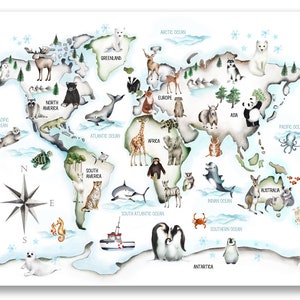 Carte du monde animal TOILE, oeuvre d'art pour chambre de bébé, bébé de sexe neutre, carte du monde pour enfants, oeuvre d'art éducative pour chambre d'enfant, impression d'art bébé voyageur