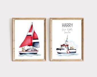 Teddy Bear Boat Art Prints: Nautical Baby Boy Nursery Decor